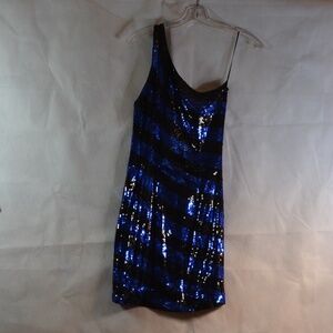 BLue Black Striped Sequin One Sholder Mini Dress Sz S BEDO